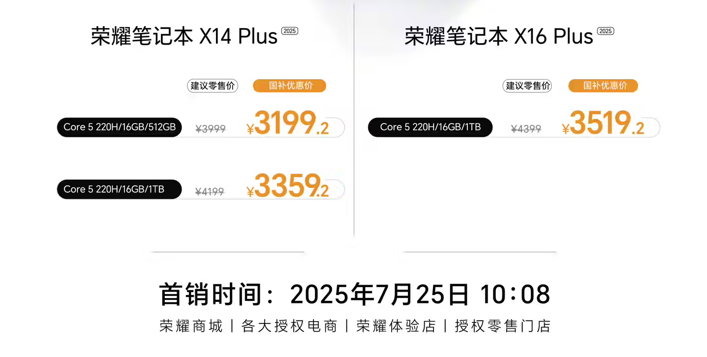 荣耀笔记本X14 Plus与X16 Plus 2025款新品首销开启，3199.2元起